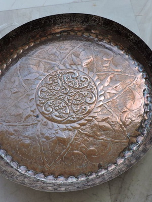 Copper tray used, vintage with designs, 45 cm diameter