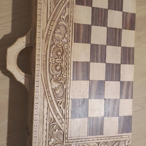 Carved backgammon/chess used with wooden Aztec-style pieces
