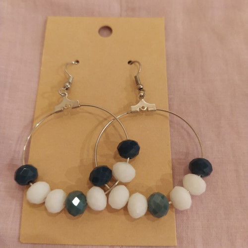 Hoop earrings new with white and petrol faceted beads