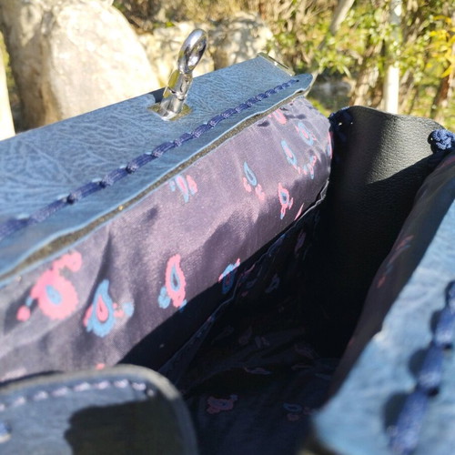 Knitted envelope bag new, blue with leather details