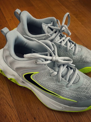 Giannis Immortality 4 basketball shoes, light silver/volt black, size 35.5