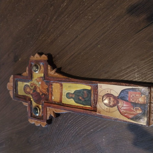 Handmade wooden cross with saint icons 30×15cm like new