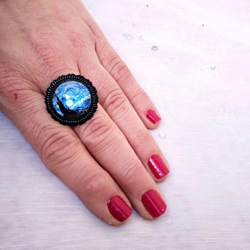 Starry Night Cabochon Ring Vincent Van Gogh Stainless Steel