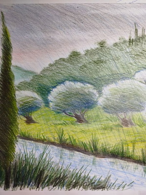 Rainy Day watercolor pencil drawing on paper new 30x40 cm