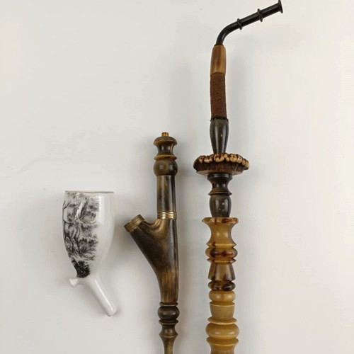 Antique handmade pipe used, horn, bronze and porcelain with deer motif