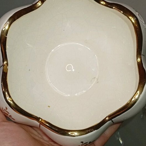 Vintage fondue bowl ceramic with 24k gold like new, lotus design