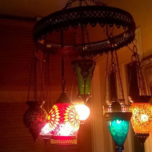 Moroccan Boho Ceiling Light with 8 Different Colored Lamps like new