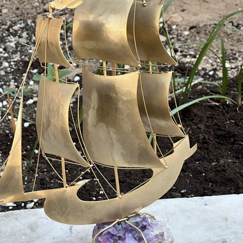 Vintage brass sailing ship on natural amethyst, 37×32 cm