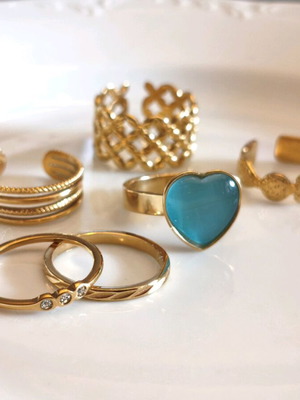 Rings Set of 6 New Stainless Steel 304 Gold Tone with Turquoise Heart