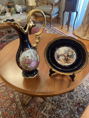 Vintage σετ πορσελάνης Limoges France με χρυσό 22K, κανάτα και πιάτο Fragonard