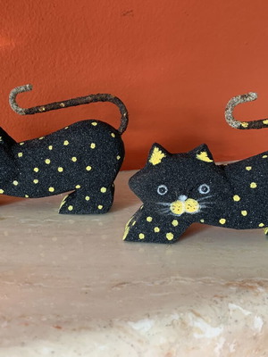 Set of two handmade wooden and sand cat figurines