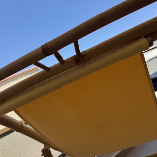 Folding chair sunlounger from natural bamboo with yellow fabric seat, like new