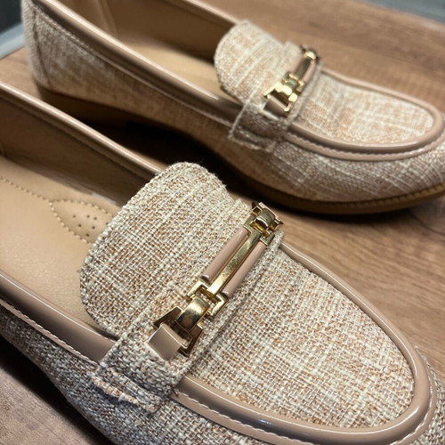 Tweed Loafers Size 37 Like New Beige with Gold Buckle