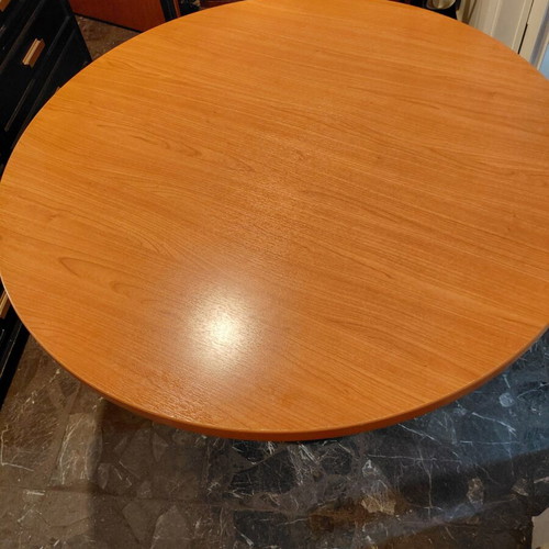 Round wooden table with black metal base like new