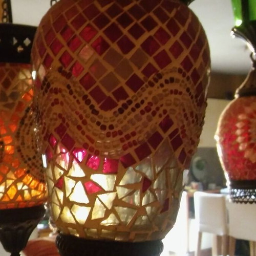 Moroccan Boho Ceiling Light with 8 Different Colored Lamps like new