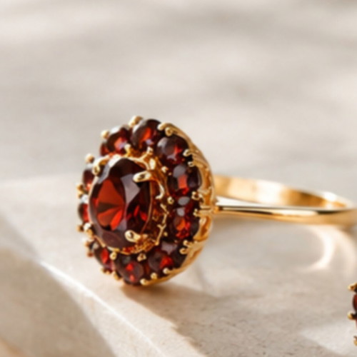 Vintage 18K Gold Rosette Ring with Garnet, Size 19