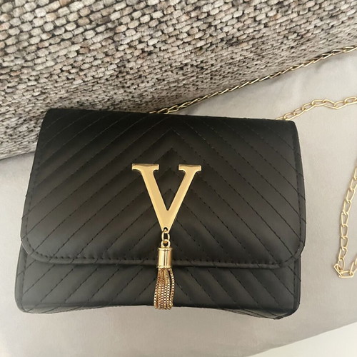 Bag new black chevron quilted with gold chain and V detail