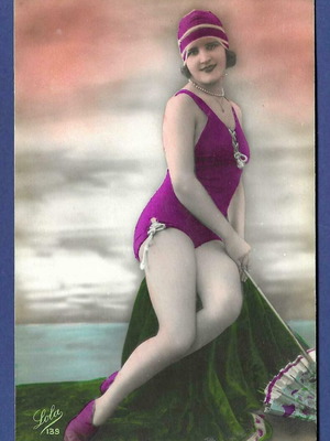 Vintage postcard woman in 1910 era swimsuit used