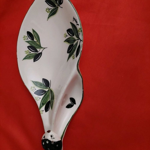 Serving plate for olives 26x12cm ceramic with handmade painting and pit curve new