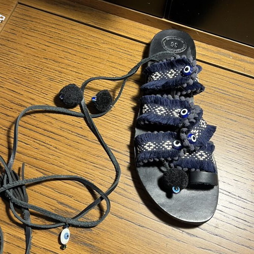 Handmade leather sandals with tassels and evil eyes, like new, size 36, blue