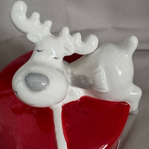 Marva ceramic cookie jar used, red with reindeer design