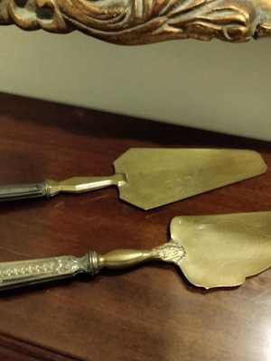 Vintage spatulas used, brass with silver handle, set of 2