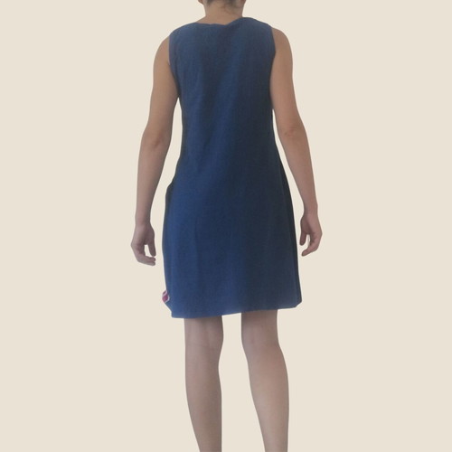 Boho cotton dress used, blue with colorful patchwork, S-M