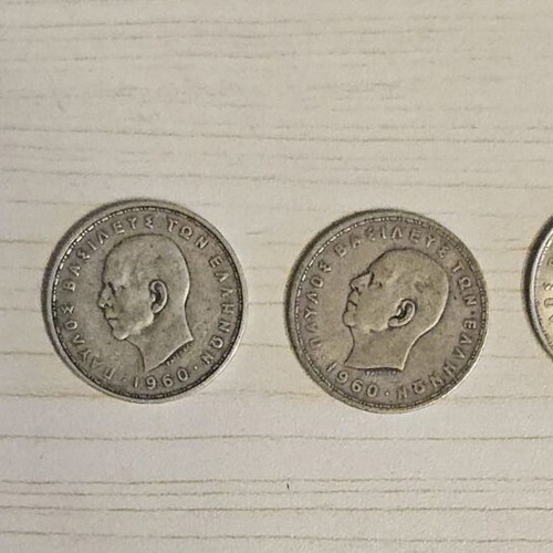 Silver coins, 3 Greek 20drachma Pavlos 1960 and 1 Swiss 5Fr 1967