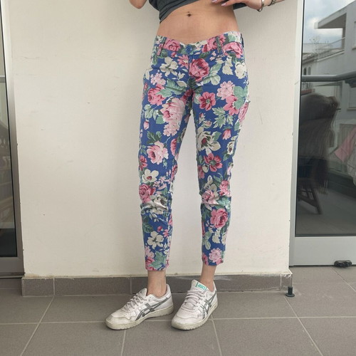 Blue Floral Slim-Fit Pants used, vintage Y2K aesthetic