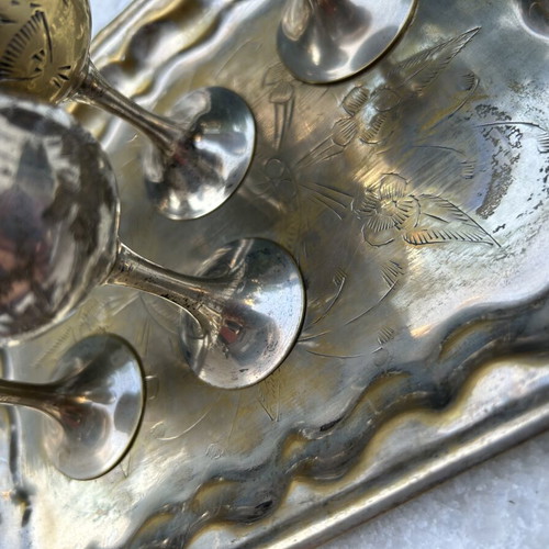 Vintage metal liqueur glasses set with tray