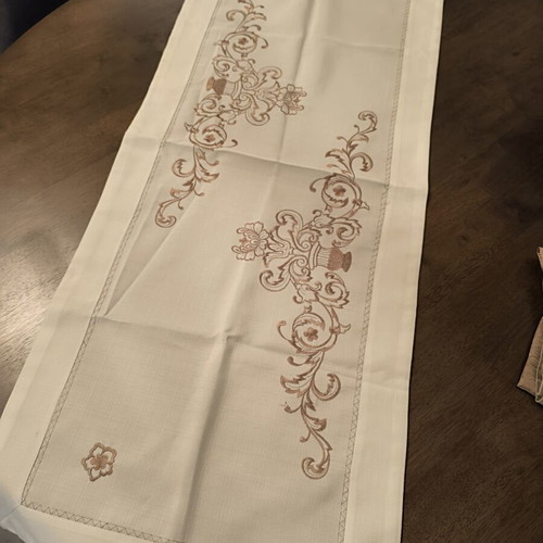 Table runner with embroidery new, white with brown embroidery