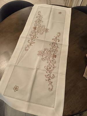 Table runner with embroidery new, white with brown embroidery