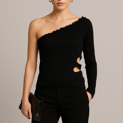 Stenia asymmetrical knit sweater with one shoulder and cutouts, like new