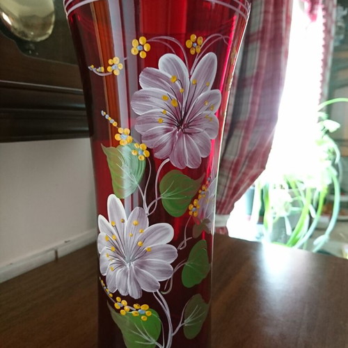 Bohemia Vase Ruby Glass with Enamel Flowers Like New