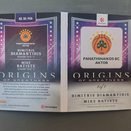 Panini Origins EuroLeague Origins of Greatness Booklet Auto Dimitris Diamantidis Mike Batiste like new
