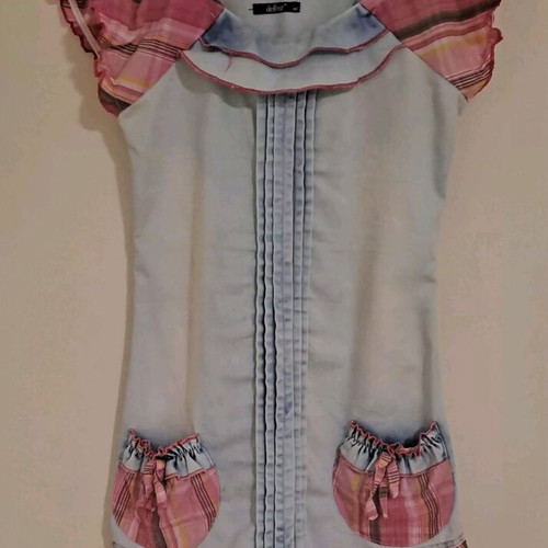 Denim mini dress with ruffles and pockets like new, multicolor