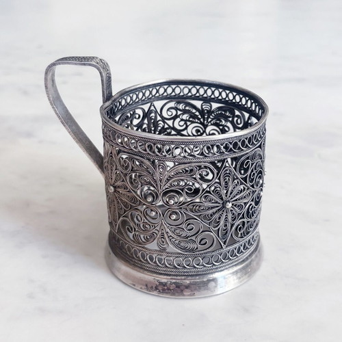 Soviet Silver-Plated Filigree Tea Glass Holders Pair Used