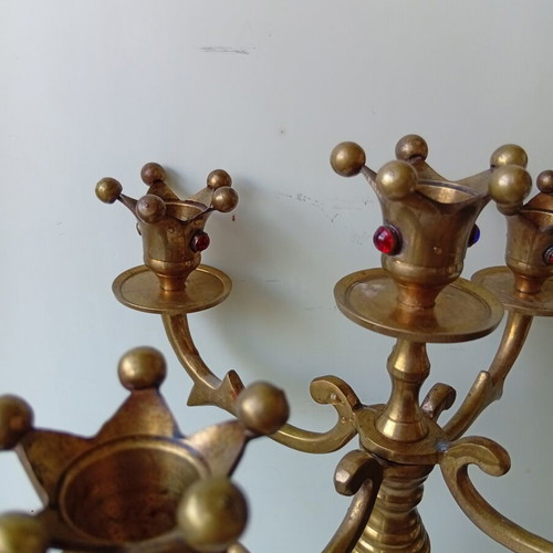 Brass candlestick with inlaid stones, 30.5 cm