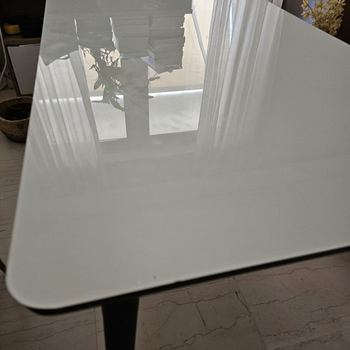 Glass dining table, white top with black legs