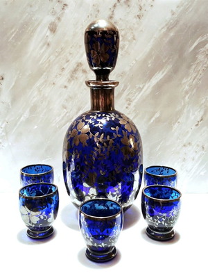 Σετ καράφα και ποτήρια λικέρ Empoli cobalt blue με ασημένια διακόσμηση καινούργιο