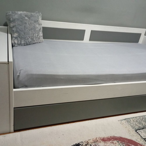 Sofa bed with storage, white and grey wood