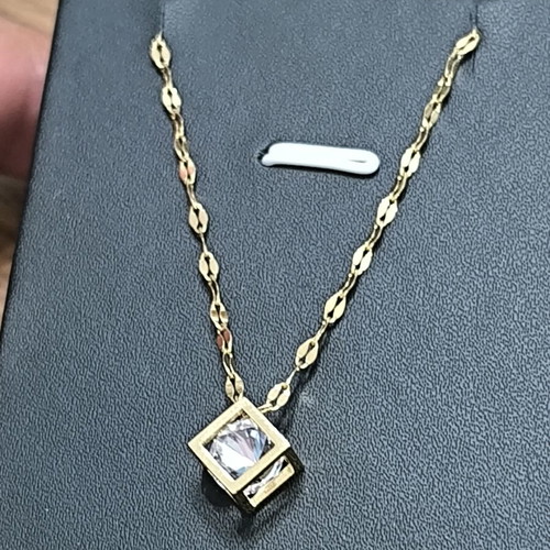 Gold Color Necklace with Geometric Cube Pendant and White Zircon Stone