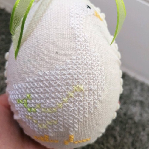 Easter handmade egg with duck design, new, embroidered on beige fabric 12 cm