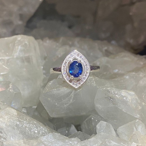 Handmade silver ring with natural blue sapphire and moissanites, size 10