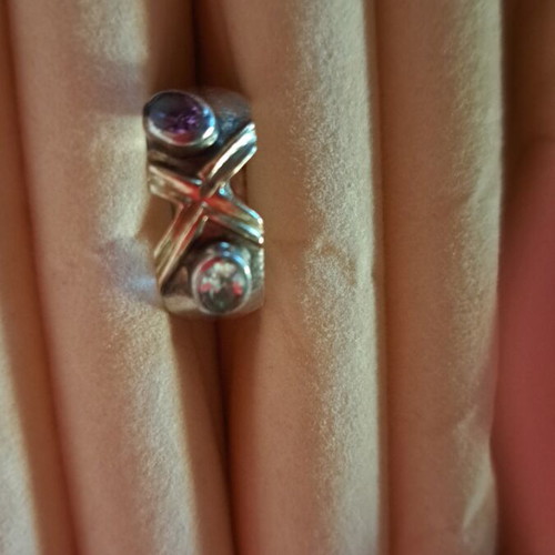 Silver ring like new with gold double X and amethyst, zircon stones