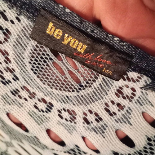 Be You sleeveless top with V-neck lace, like new, blue and gray, M-L