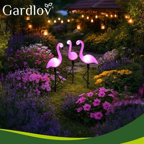 Solar garden lamps flamingo set of 3 like new, LED