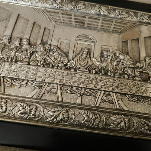 Last Supper picture used, wood frame, silver-plated metal