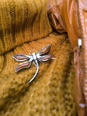 Silver dragonfly brooch used 925 with amber wings