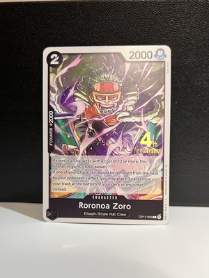 Roronoa Zoro One Piece TCG card 4th Anniversary stamped